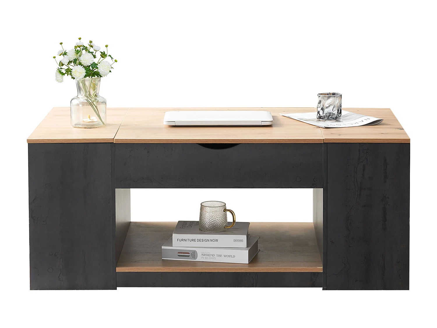 Mesa de centro elevable con estante - 109,5x59,7x43 cm - Madera MDF - Gris + marrón