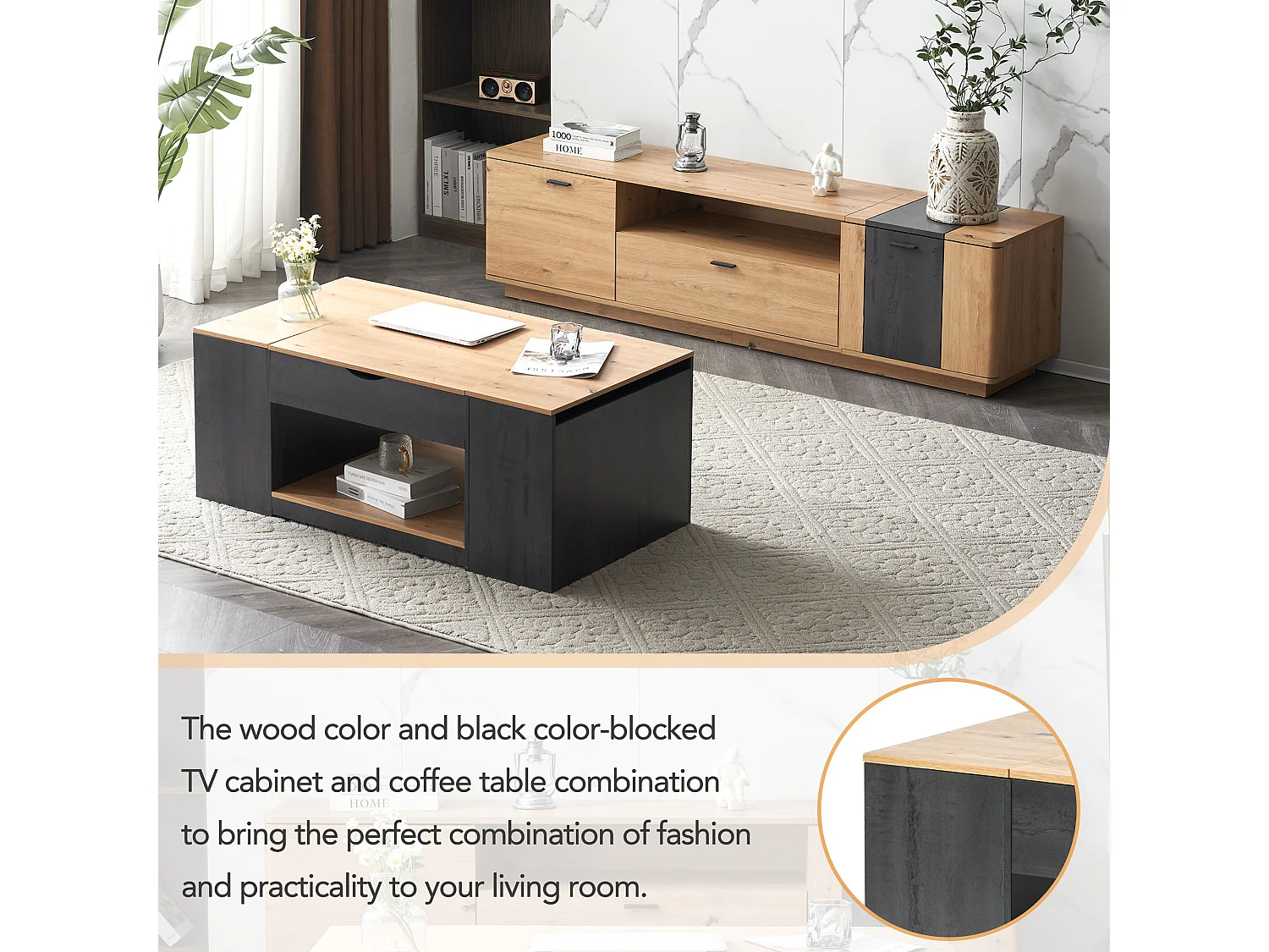 Mesa de centro elevable con estante - 109,5x59,7x43 cm - Madera MDF - Gris + marrón