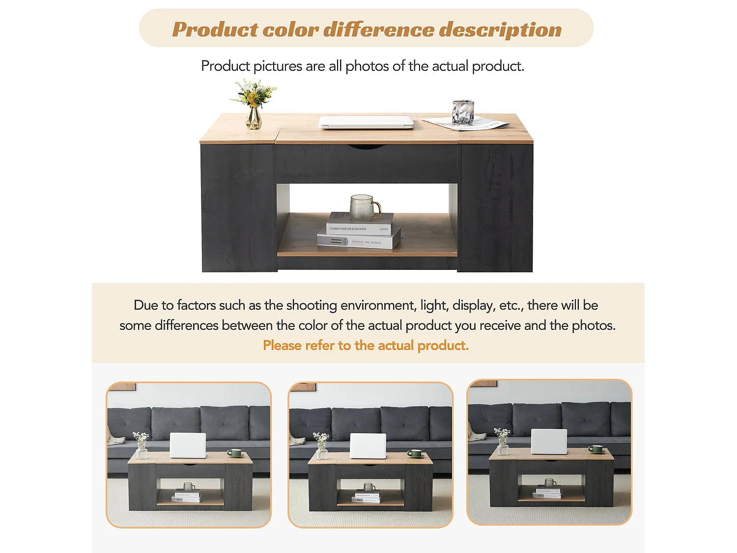 Mesa de centro elevable con estante - 109,5x59,7x43 cm - Madera MDF - Gris + marrón