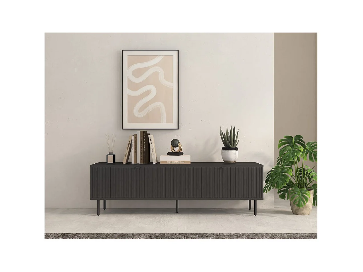 Meuble TV PAYTON avec 2 portes à lattes noir - 150x40 cm