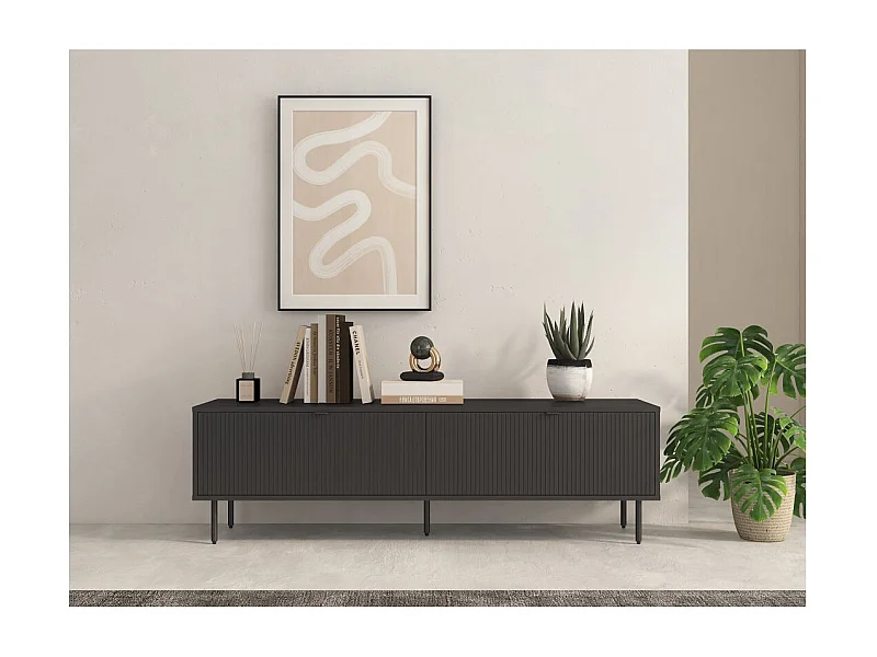 Meuble TV PAYTON avec 2 portes à lattes noir - 150x40 cm