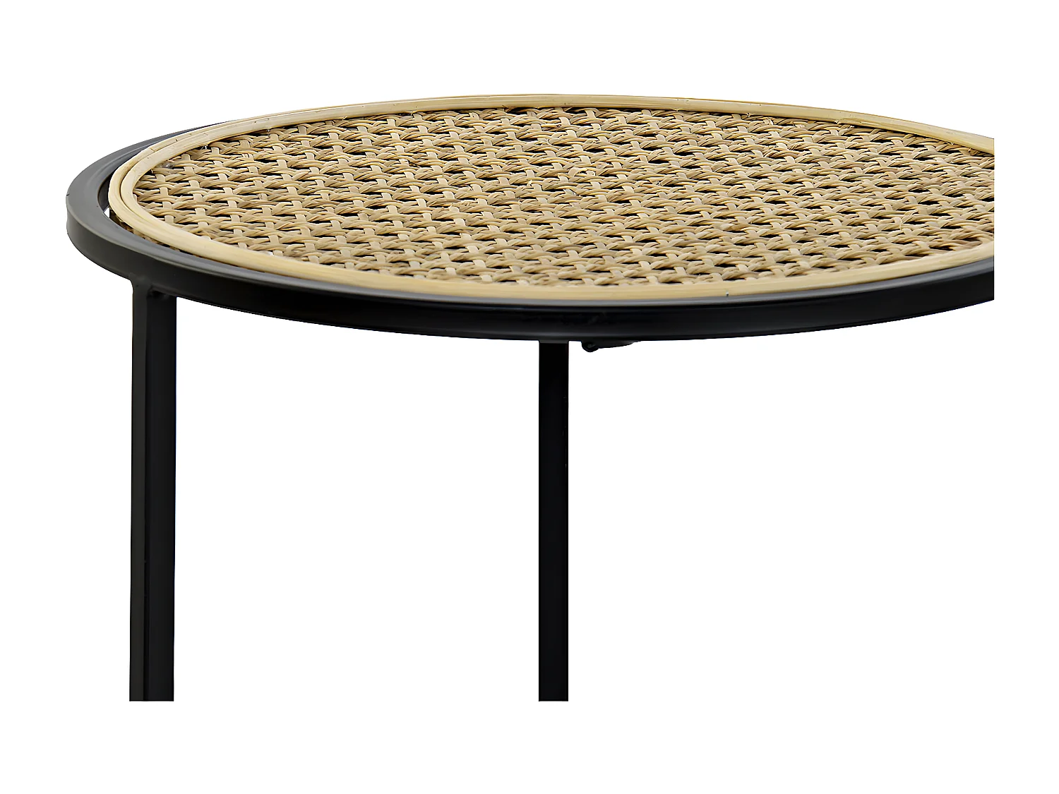 Lot de 3 tables d'appoints rondes en rotin naturel et métal noir