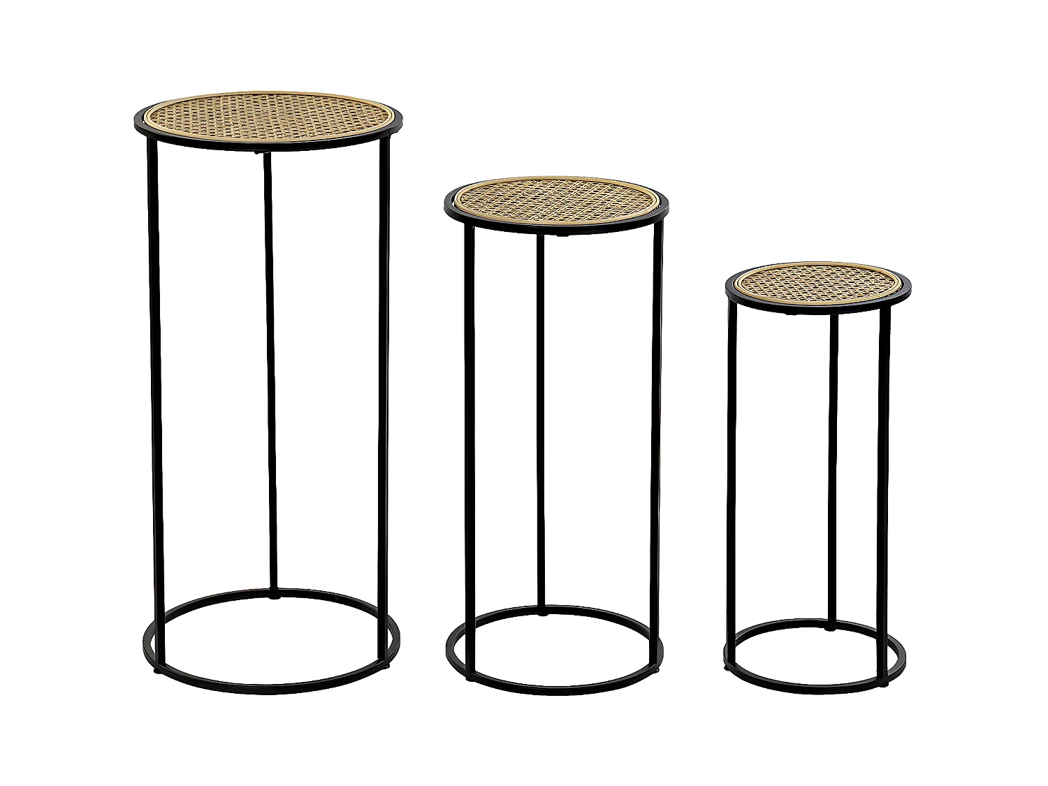 Lot de 3 tables d'appoints rondes en rotin naturel et métal noir