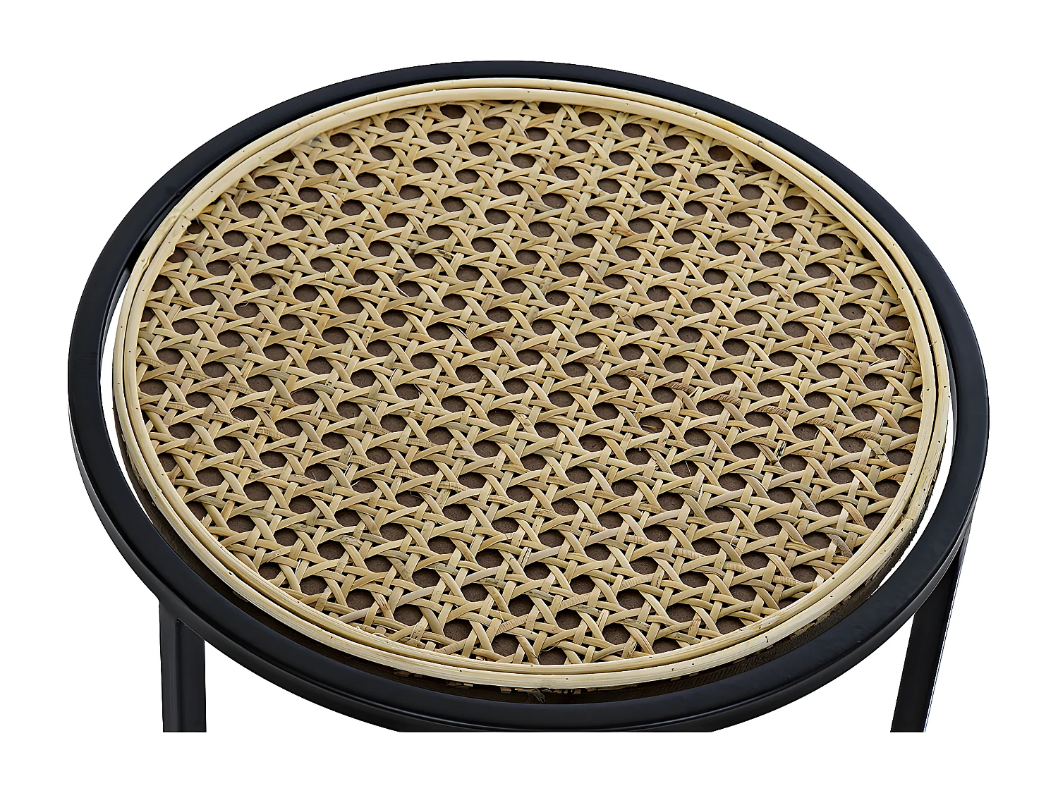 Lot de 3 tables d'appoints rondes en rotin naturel et métal noir