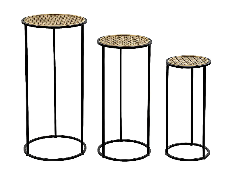 Lot de 3 tables d'appoints rondes en rotin naturel et métal noir