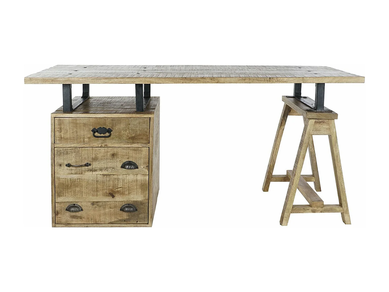 Meuble du bureau, table de bureau en bois de manguier coloris naturel et métal noir -  longueur 160 x profondeur 80 x Hauteur 75 cm