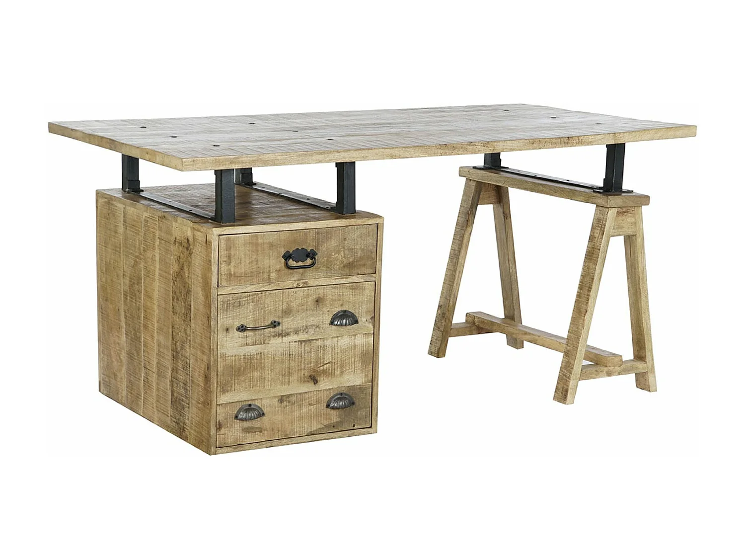 Meuble du bureau, table de bureau en bois de manguier coloris naturel et métal noir -  longueur 160 x profondeur 80 x Hauteur 75 cm