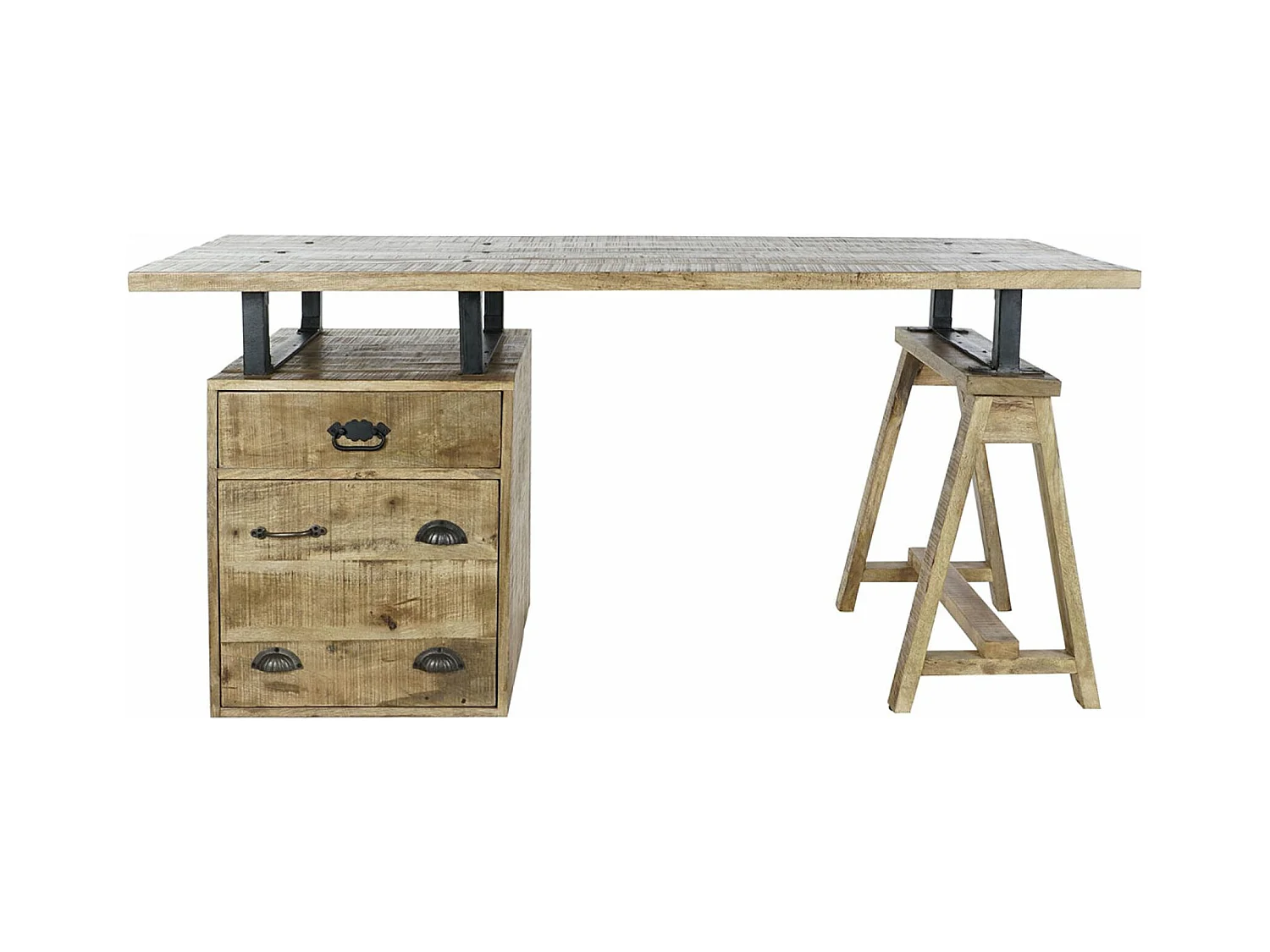 Meuble du bureau, table de bureau en bois de manguier coloris naturel et métal noir -  longueur 160 x profondeur 80 x Hauteur 75 cm