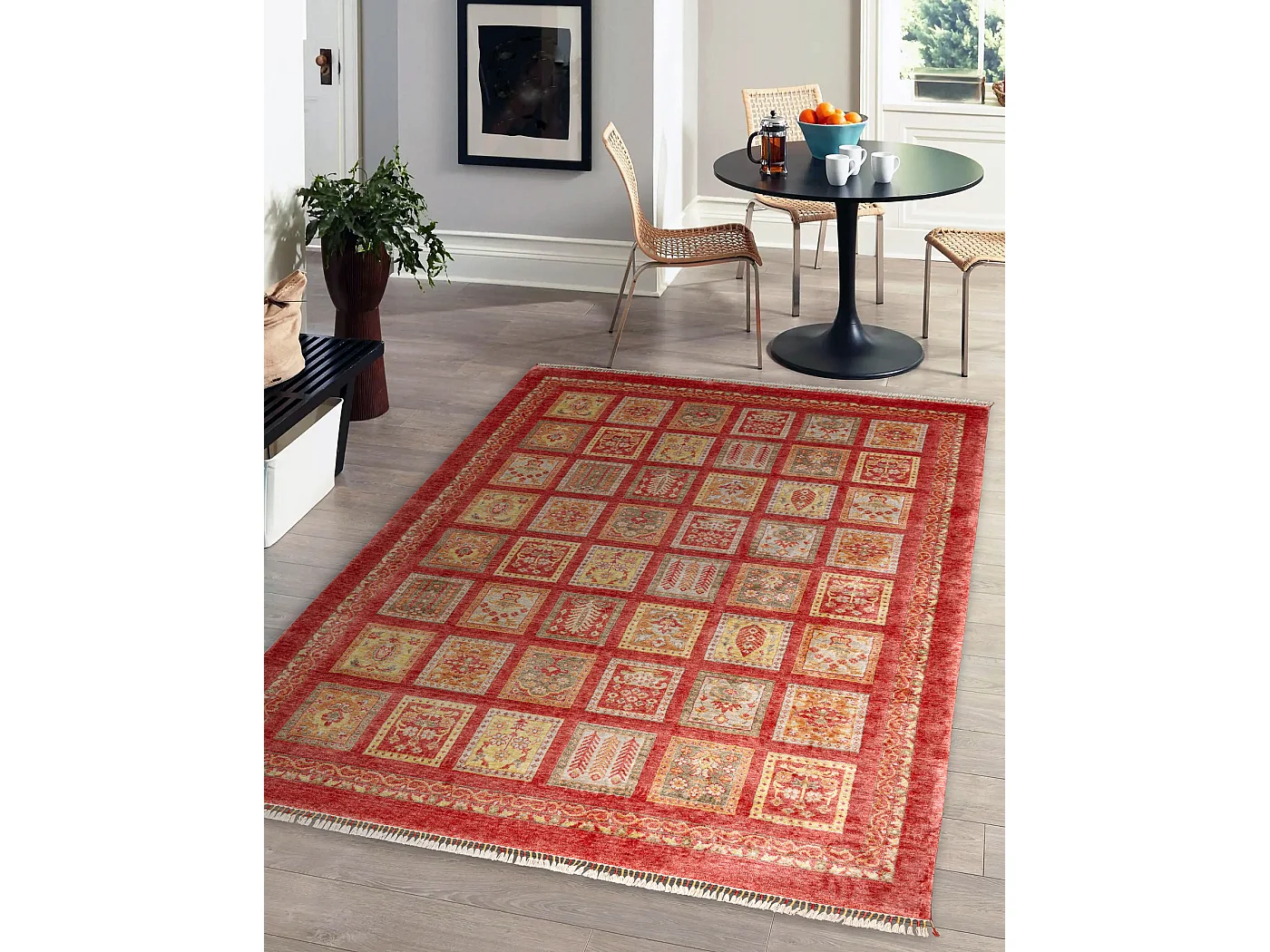 HERIZ A0985A tapijt Oriental, frame bordeauxrood - bamboe garen, exclu 200x290 cm