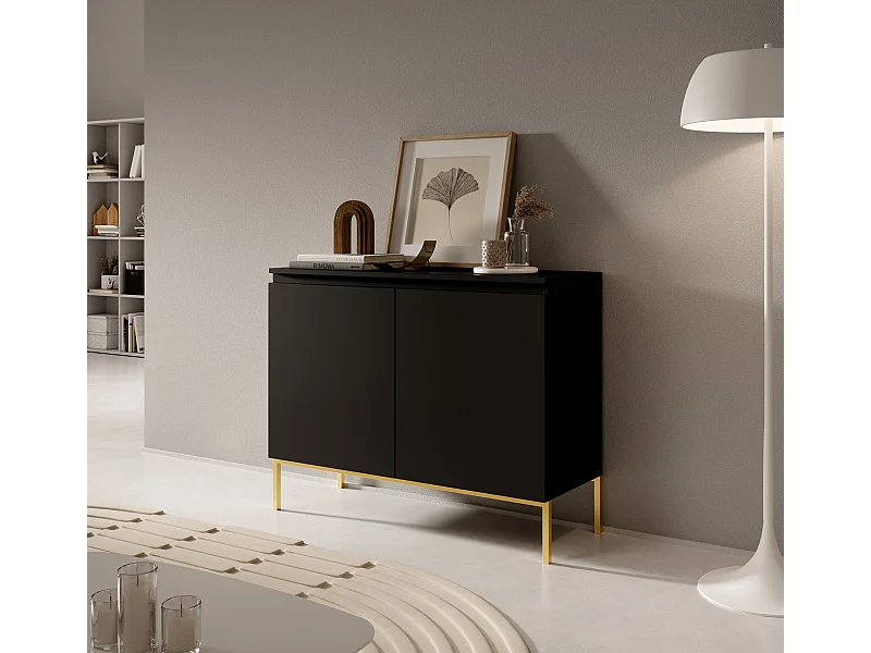 Commode à deux portes - 100 cm - noir avec pieds dorés - BEMMI