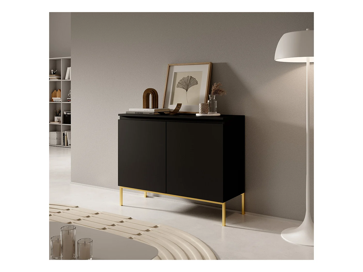 Commode à deux portes - 100 cm - noir avec pieds dorés - BEMMI