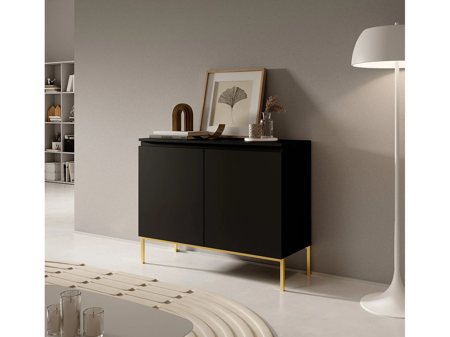 Commode à deux portes - 100 cm - noir avec pieds dorés - BEMMI