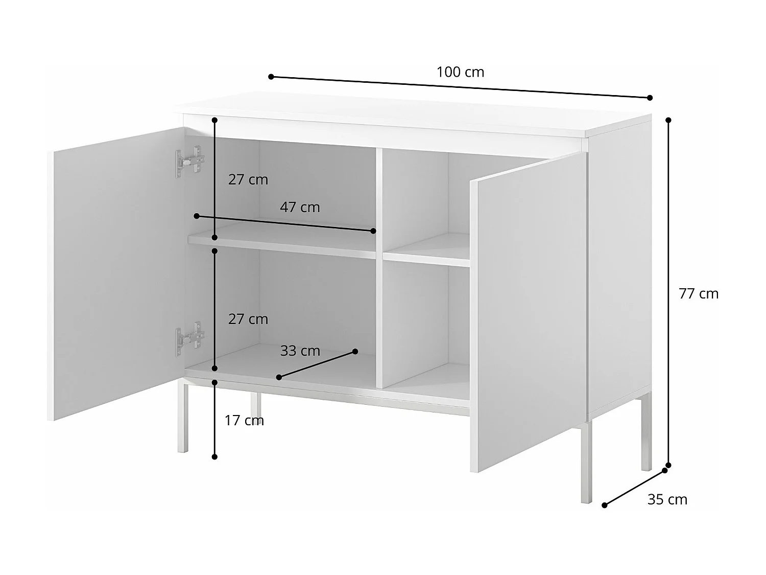 Commode à deux portes - 100 cm - noir avec pieds dorés - BEMMI