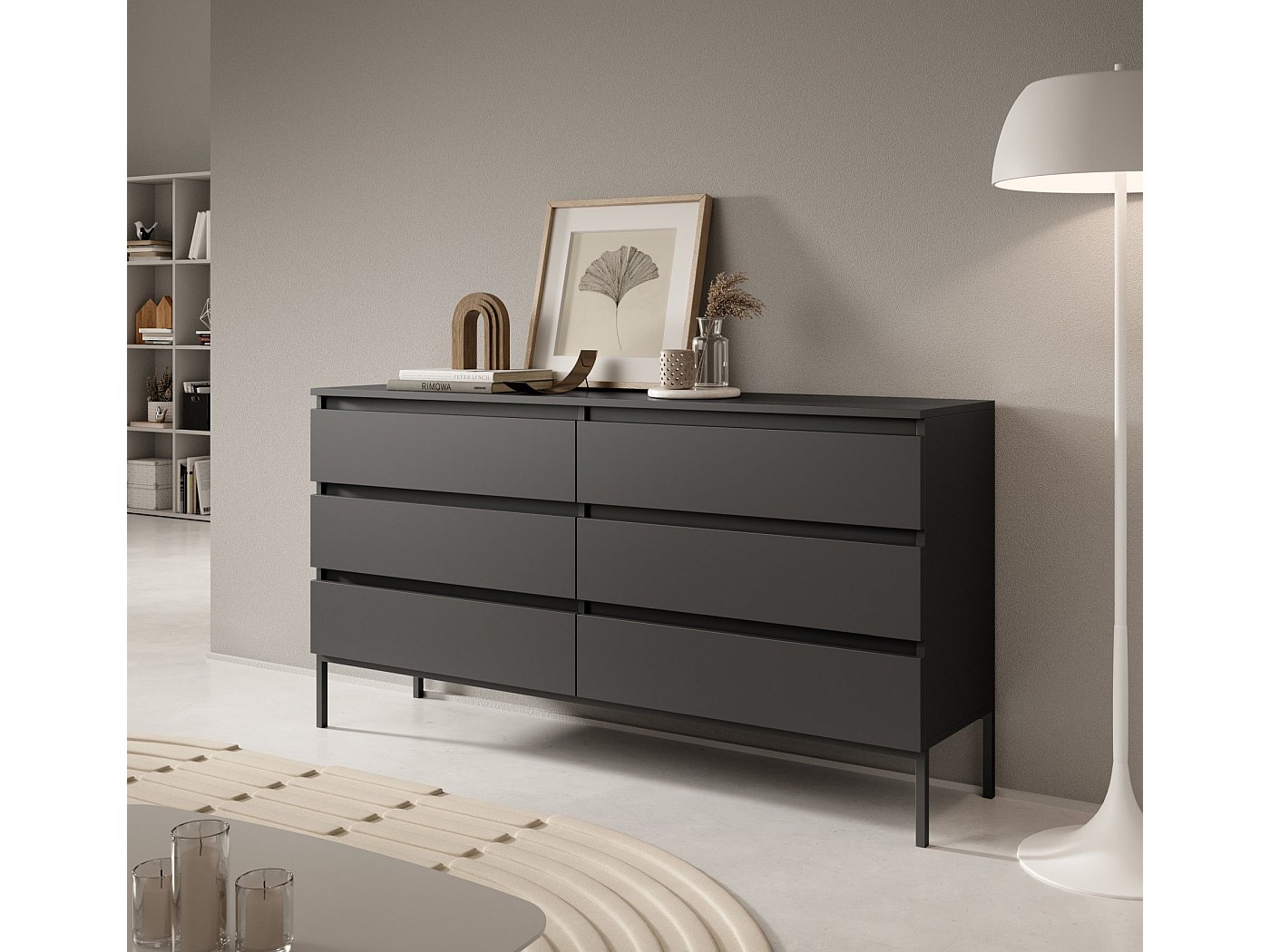 Commode à six tiroirs - 150 cm - noir avec pieds noirs - BEMMI