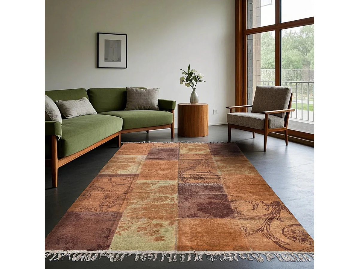 Tapis kilim 170x240 rectangle fait main en coton or motif ethnique