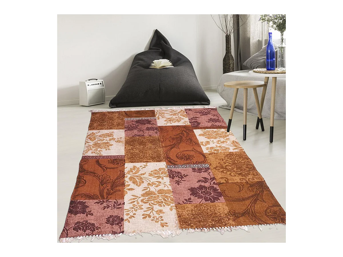 Tapis kilim 140x190 rectangle fait main en coton or motif ethnique