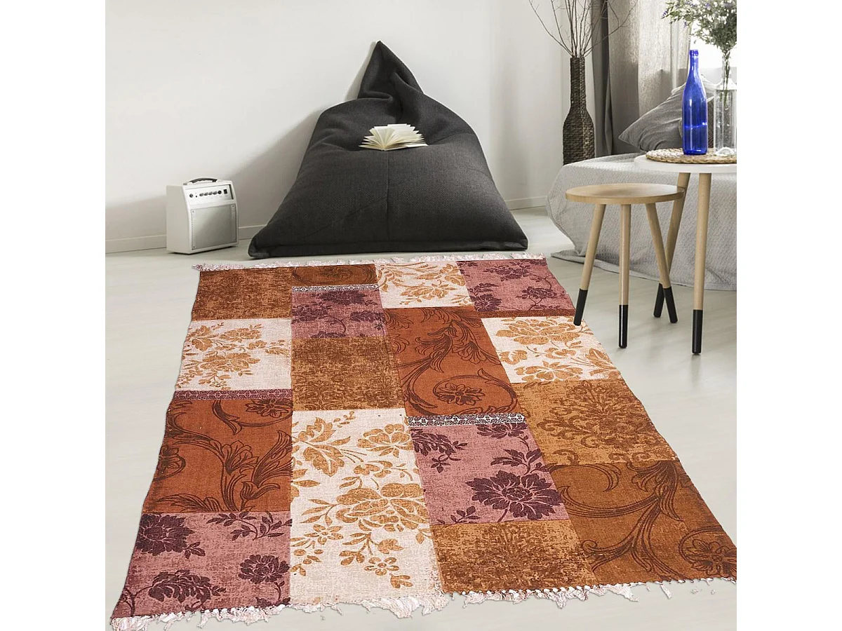 Tapis kilim 140x190 rectangle fait main en coton or motif ethnique