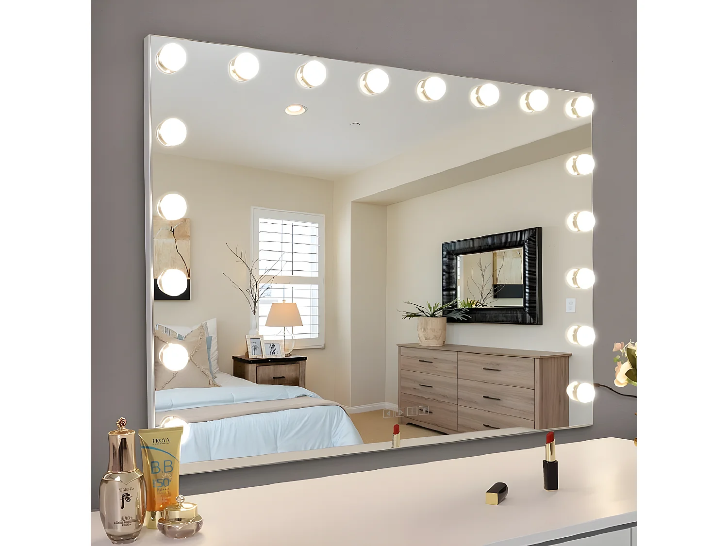 Miroir de maquillage hollywood coiffeuse mural avec lumière 80x58cm - Bluetooth