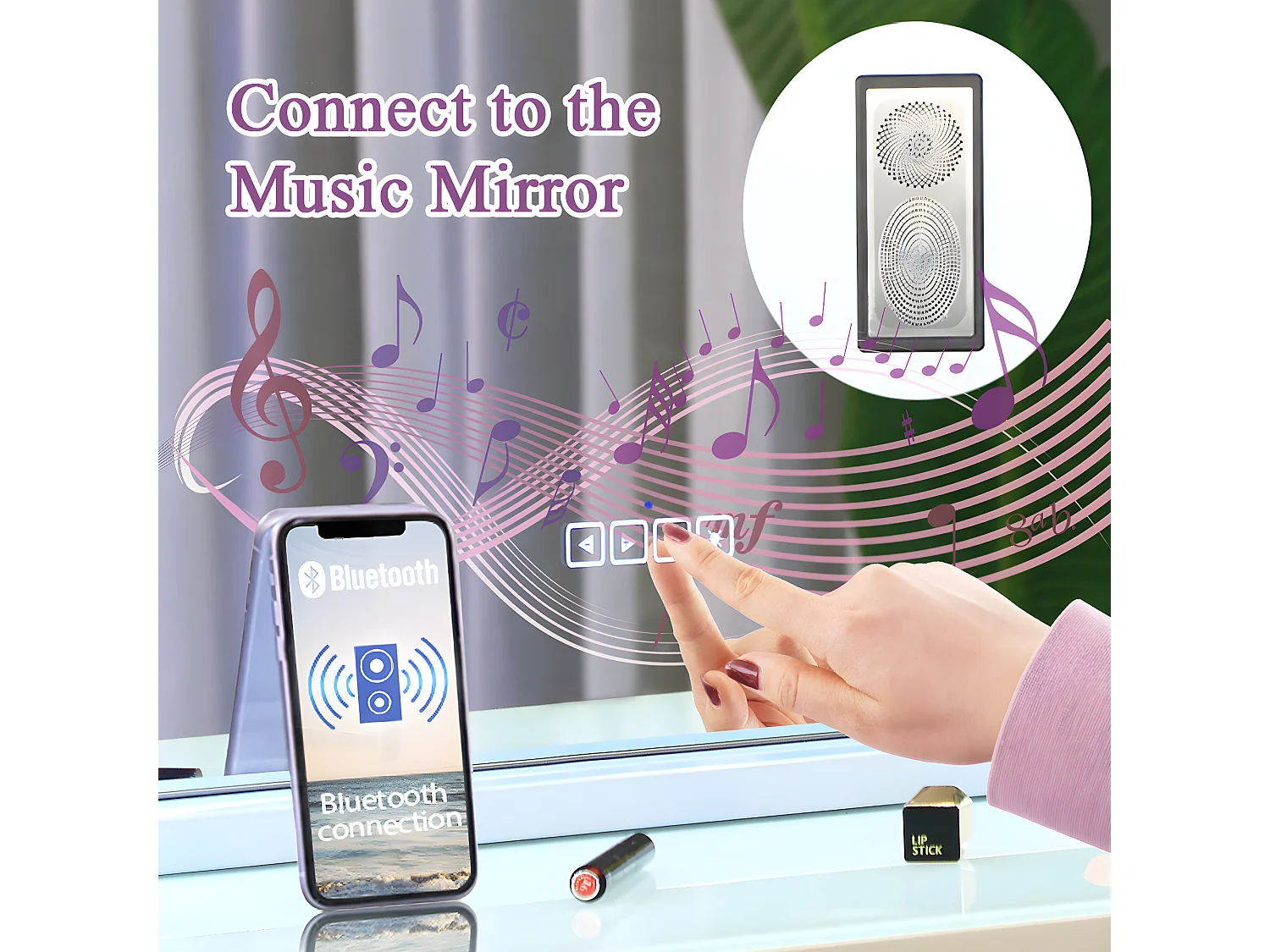 Miroir de maquillage hollywood coiffeuse mural avec lumière 80x58cm - Bluetooth