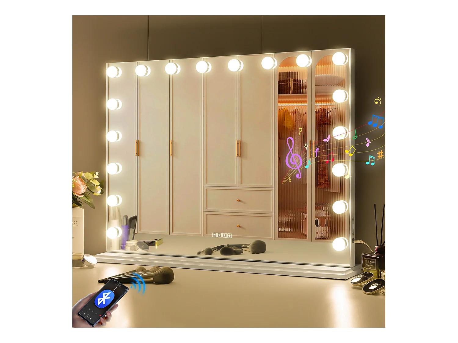 Miroir de maquillage hollywood coiffeuse mural avec lumière 80x58cm - Bluetooth