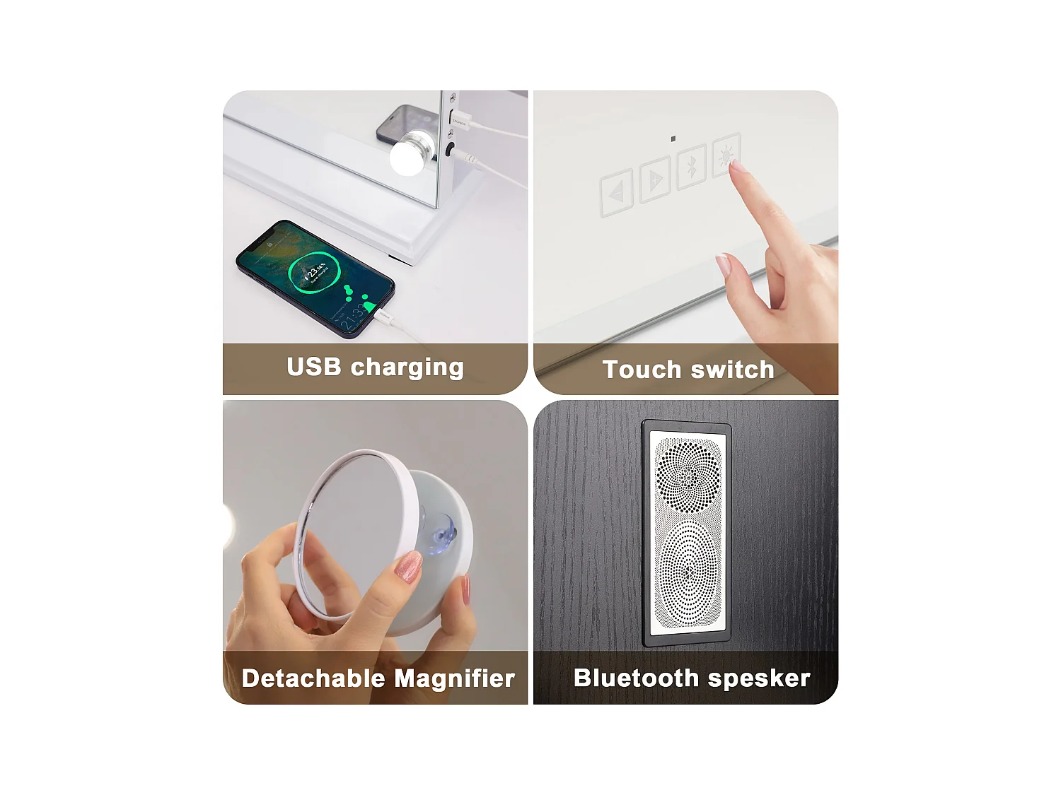 Espejo de maquillaje estilo Hollywood para tocador de pared con luz 80x58 cm - Bluetooth