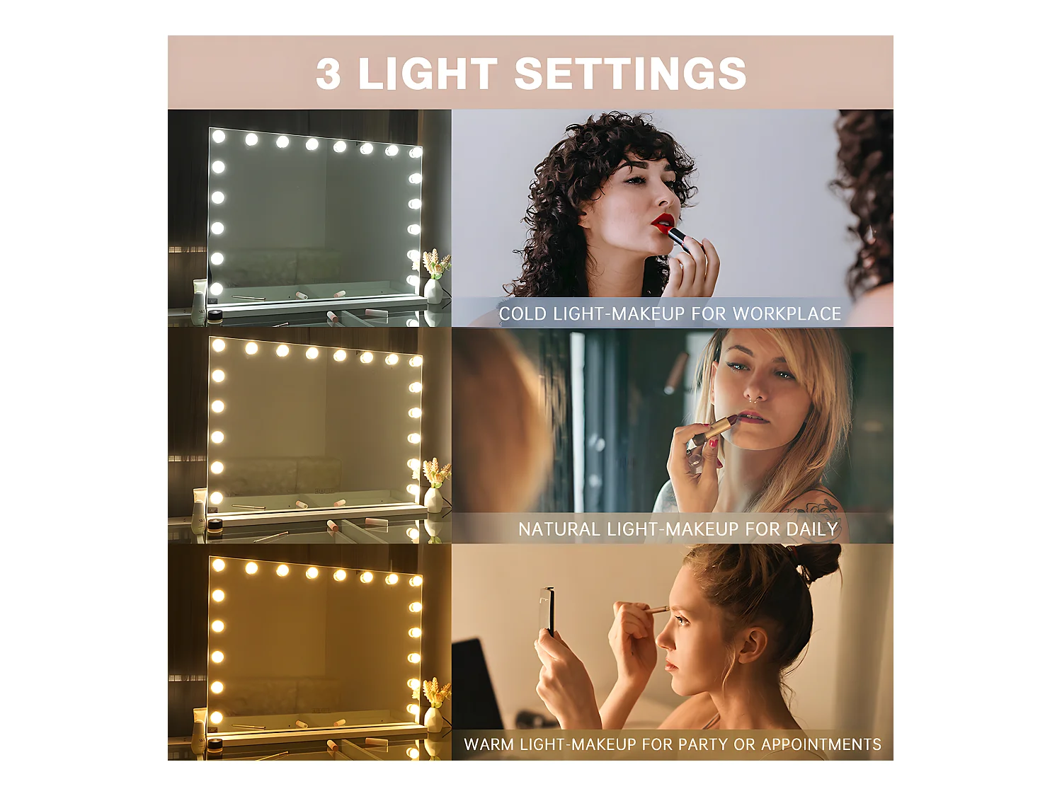 Espejo de maquillaje estilo Hollywood para tocador de pared con luz 80x58 cm - Bluetooth