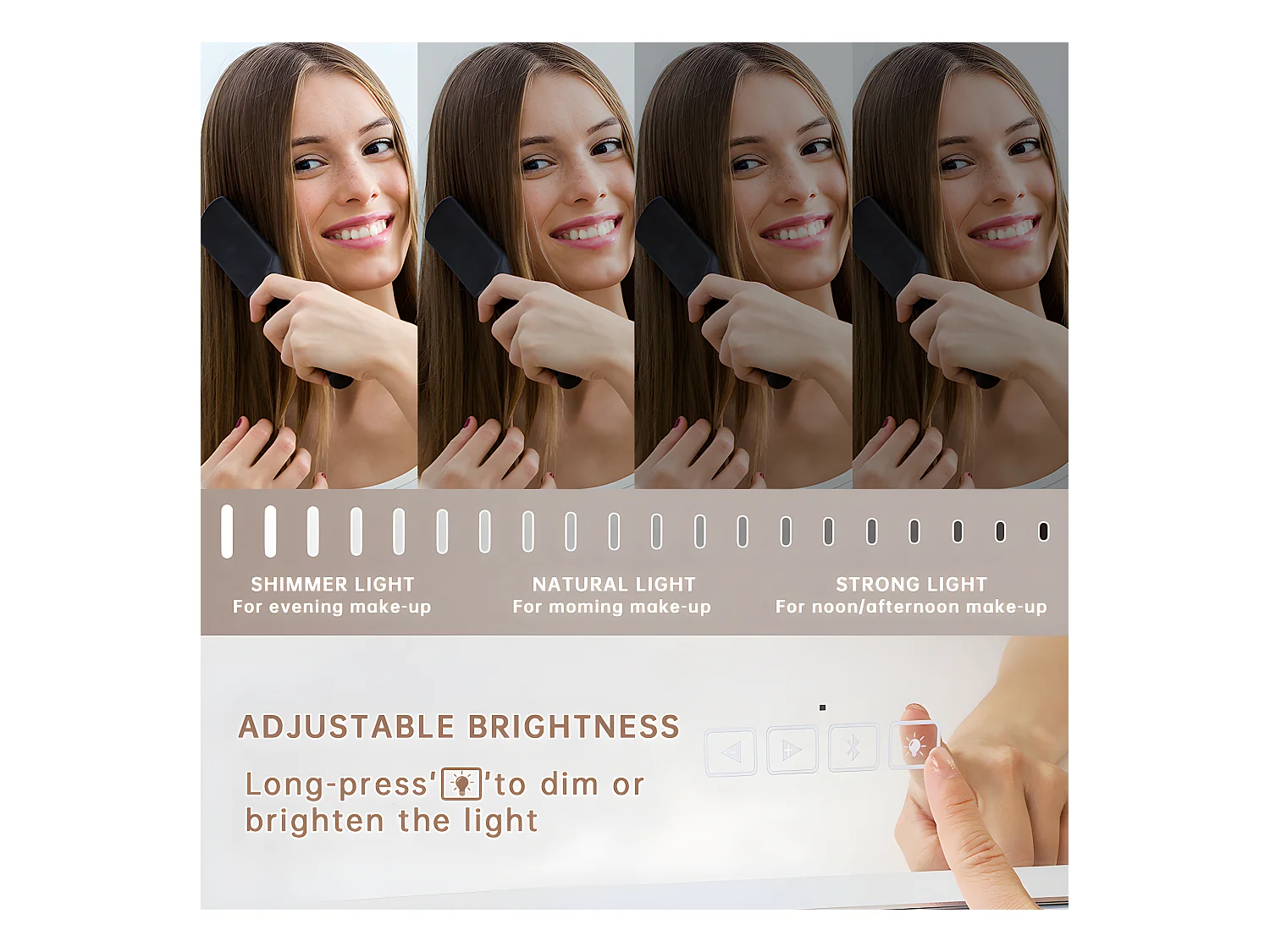 Espejo de maquillaje estilo Hollywood para tocador de pared con luz 80x58 cm - Bluetooth