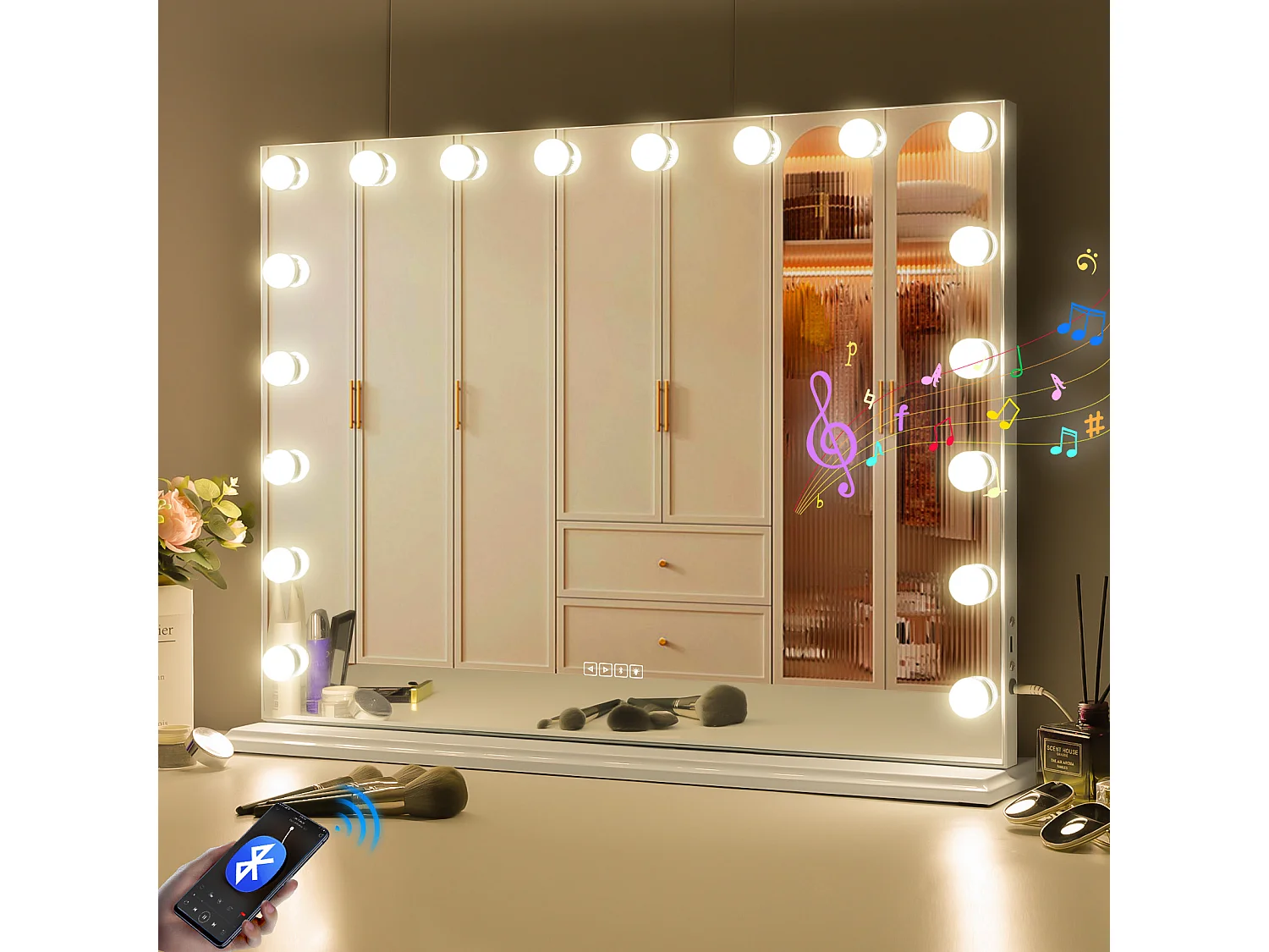 Espejo de maquillaje estilo Hollywood para tocador de pared con luz 80x58 cm - Bluetooth