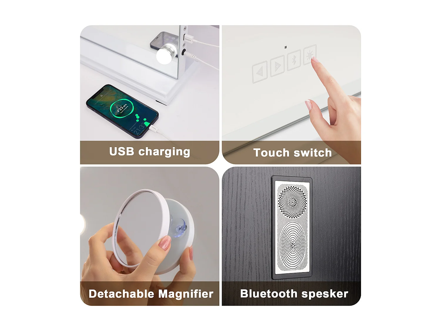 Espejo de maquillaje estilo Hollywood para tocador de pared con luz 80x58 cm - Bluetooth