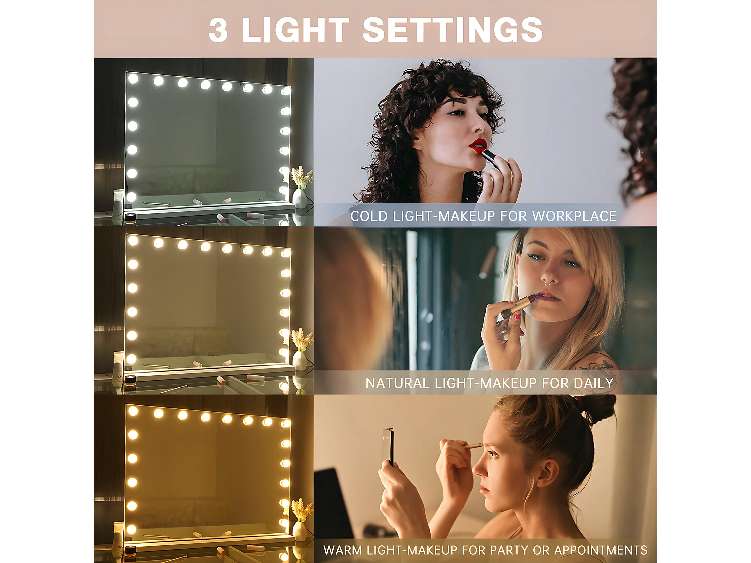 Espejo de maquillaje estilo Hollywood para tocador de pared con luz 80x58 cm - Bluetooth