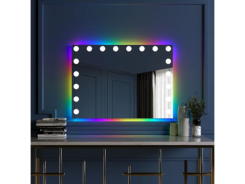 Espejo de maquillaje estilo Hollywood para tocador de pared con luz 80x58 cm - Tira de LED RGB
