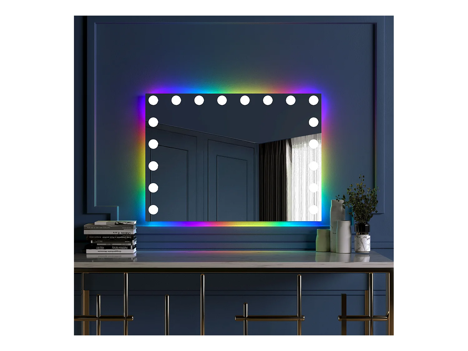 Miroir de maquillage hollywood coiffeuse mural avec lumière 80x58cm - Bande de LED RGB