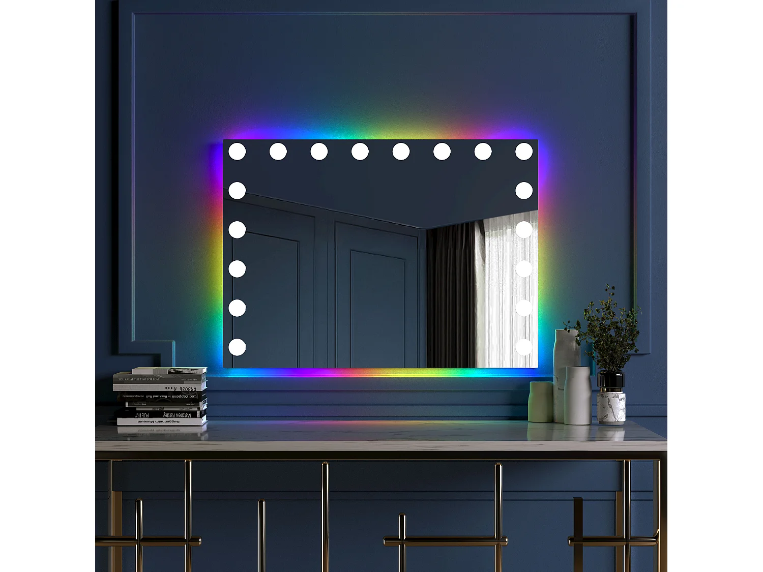 Miroir de maquillage hollywood coiffeuse mural avec lumière 80x58cm - Bande de LED RGB