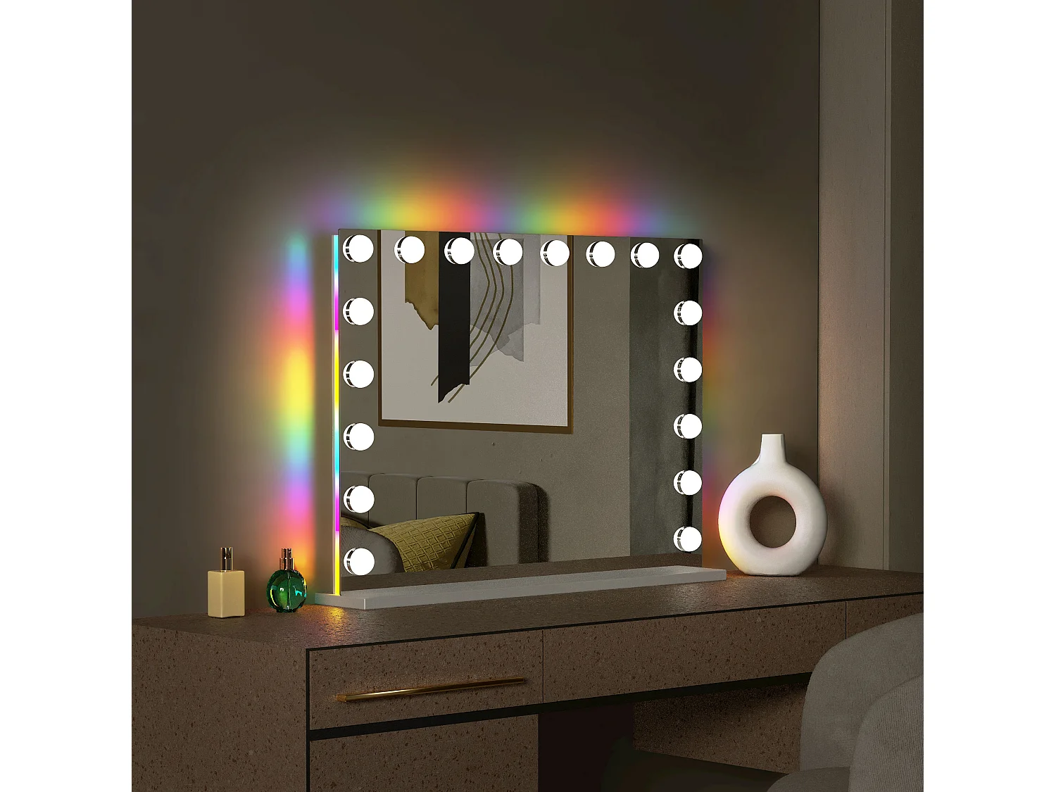 Miroir de maquillage hollywood coiffeuse mural avec lumière 80x58cm - Bande de LED RGB