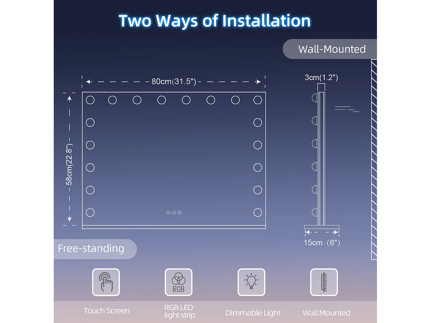 Miroir de maquillage hollywood coiffeuse mural avec lumière 80x58cm - Bande de LED RGB