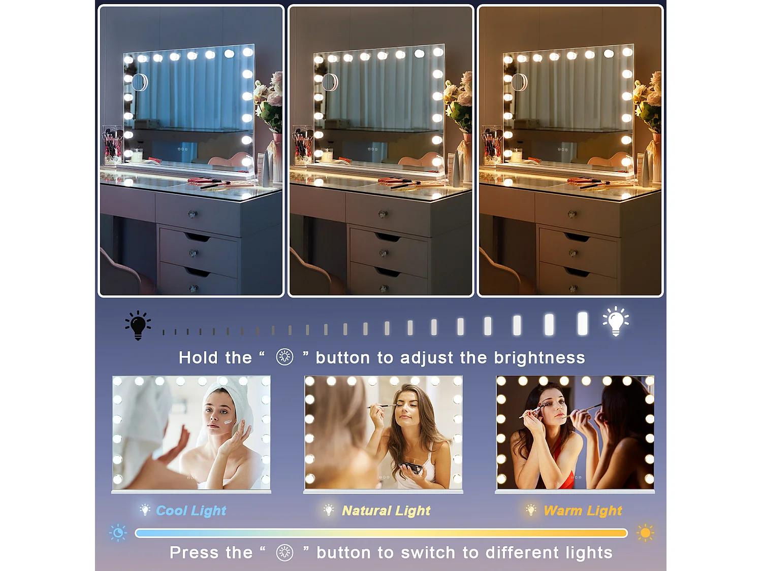 Miroir de maquillage hollywood coiffeuse mural avec lumière 80x58cm - Bande de LED RGB