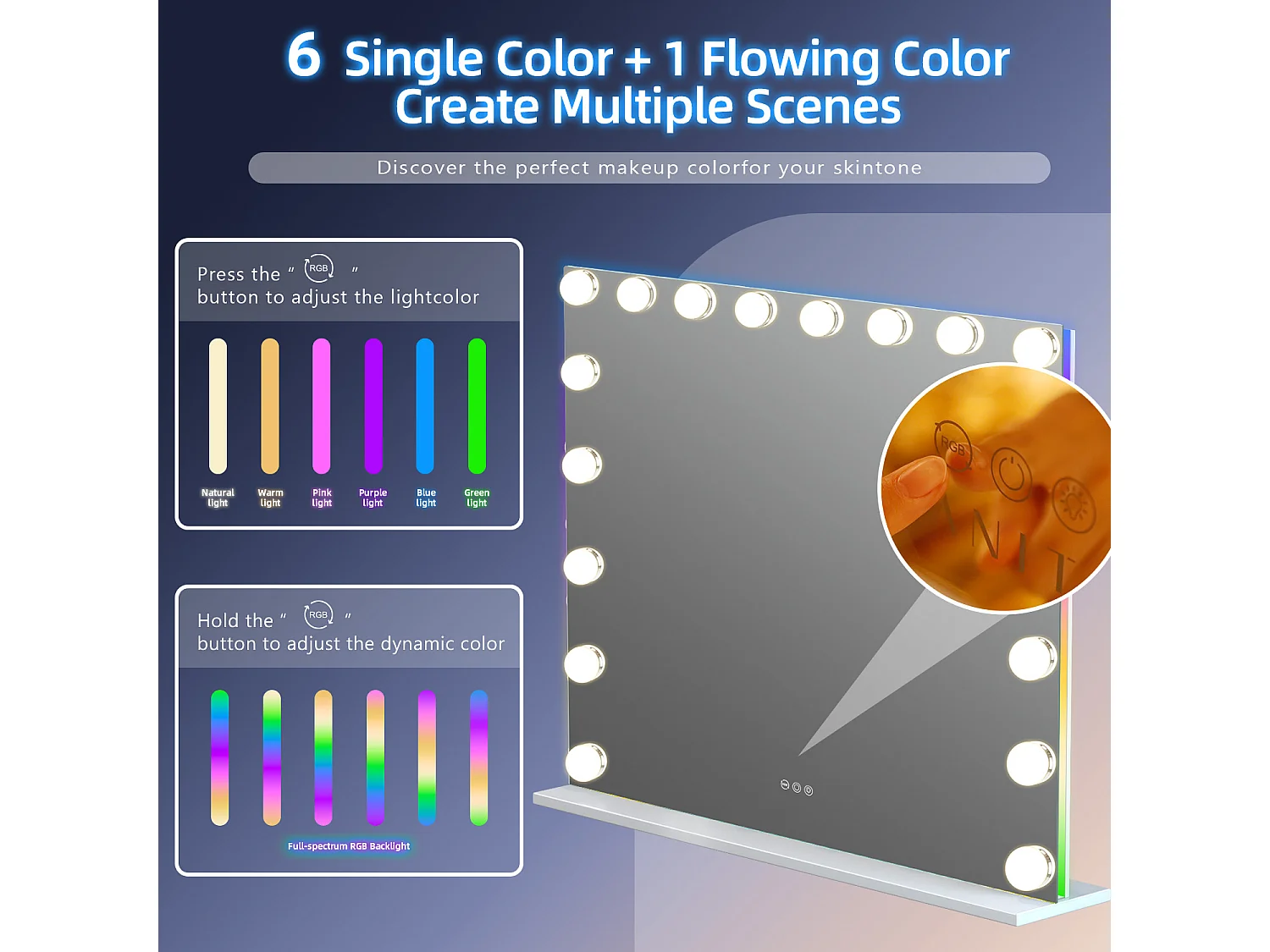 Miroir de maquillage hollywood coiffeuse mural avec lumière 80x58cm - Bande de LED RGB