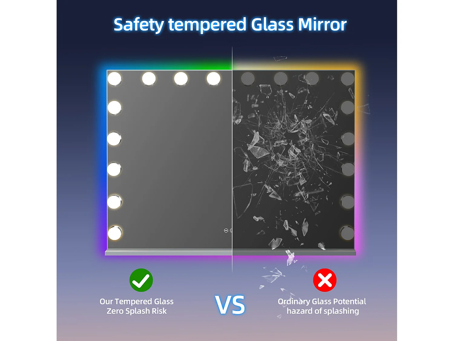 Miroir de maquillage hollywood coiffeuse mural avec lumière 80x58cm - Bande de LED RGB