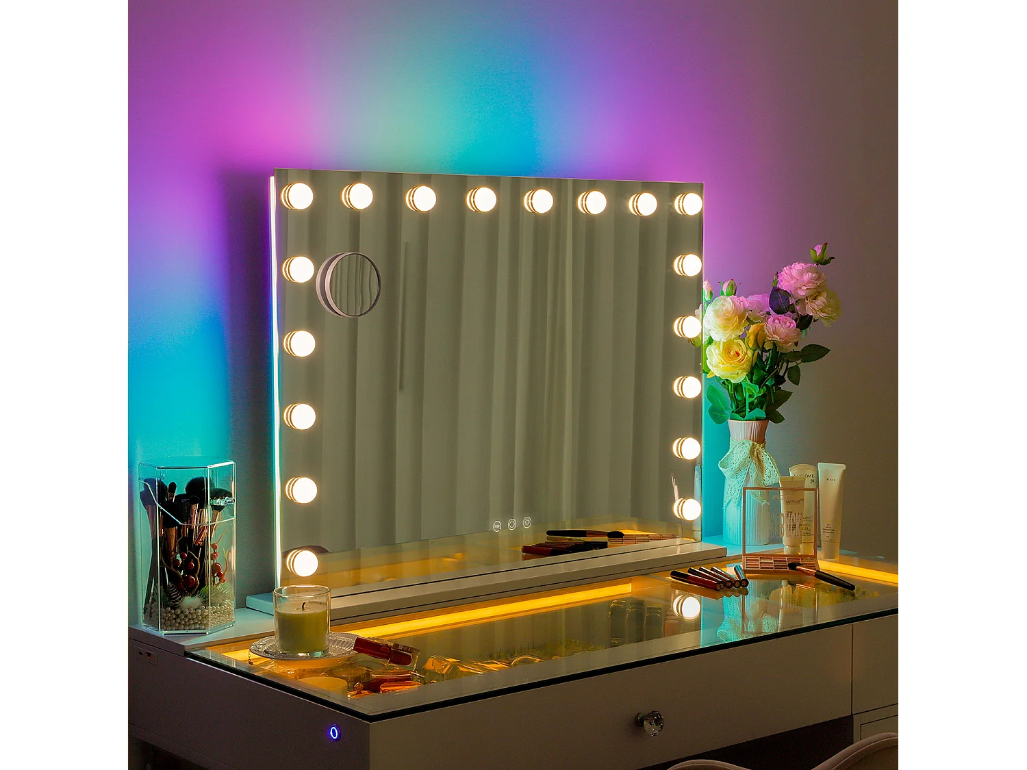 Miroir de maquillage hollywood coiffeuse mural avec lumière 80x58cm - Bande de LED RGB