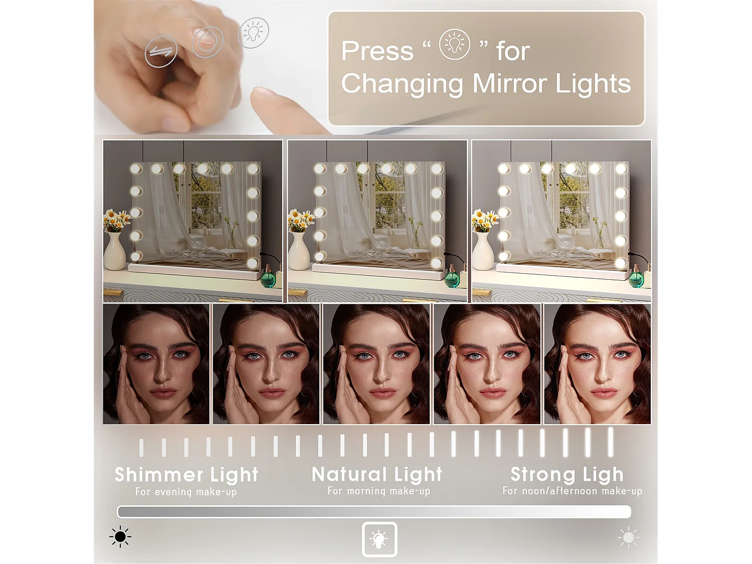 Espejo de maquillaje estilo Hollywood para tocador de pared con luz 50x40cm