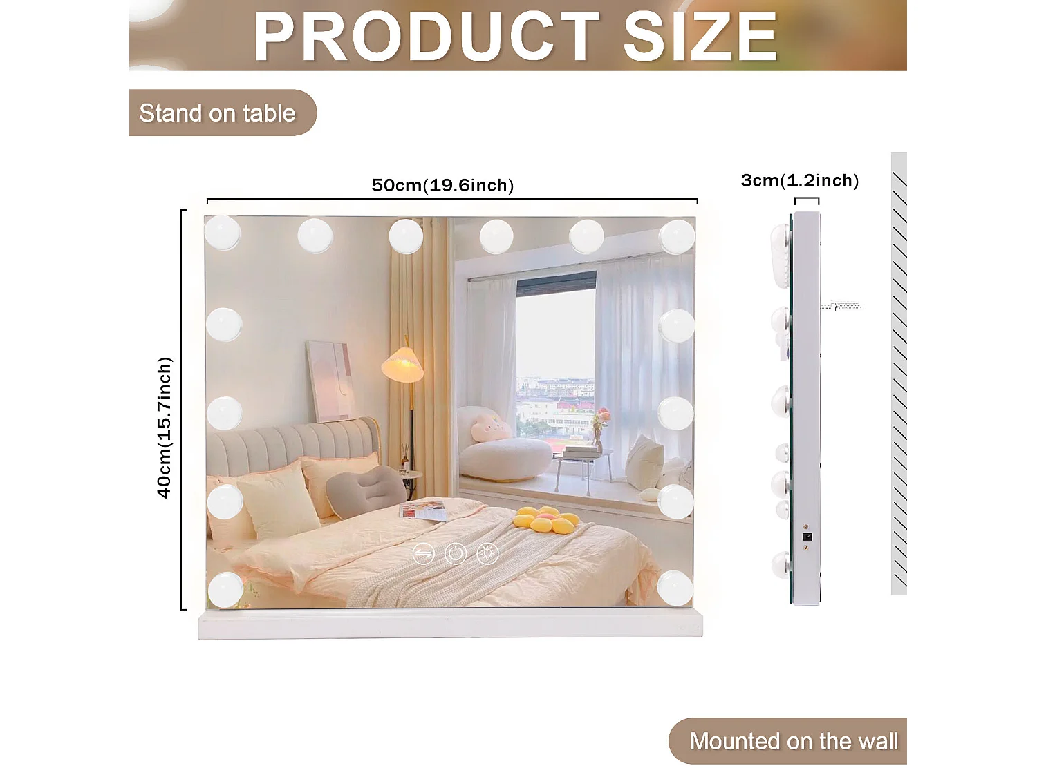 Hollywood make-up spiegel met muurmontage en verlichting 50x40cm