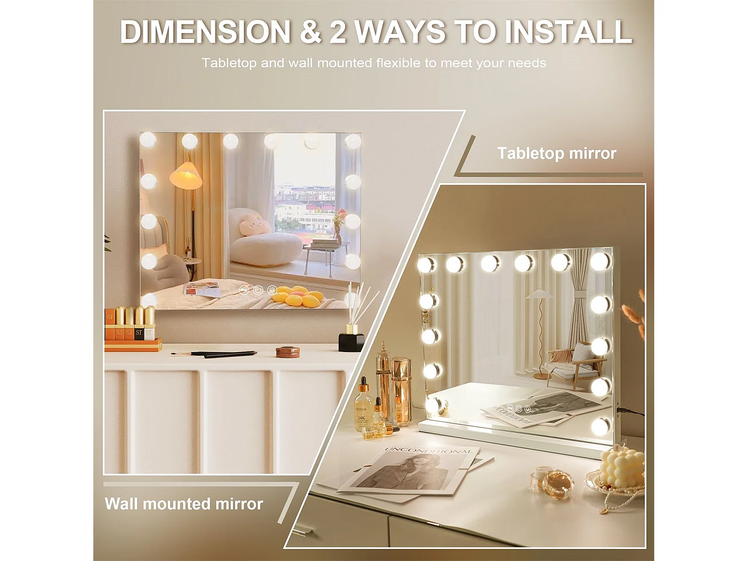 Hollywood make-up spiegel met muurmontage en verlichting 50x40cm