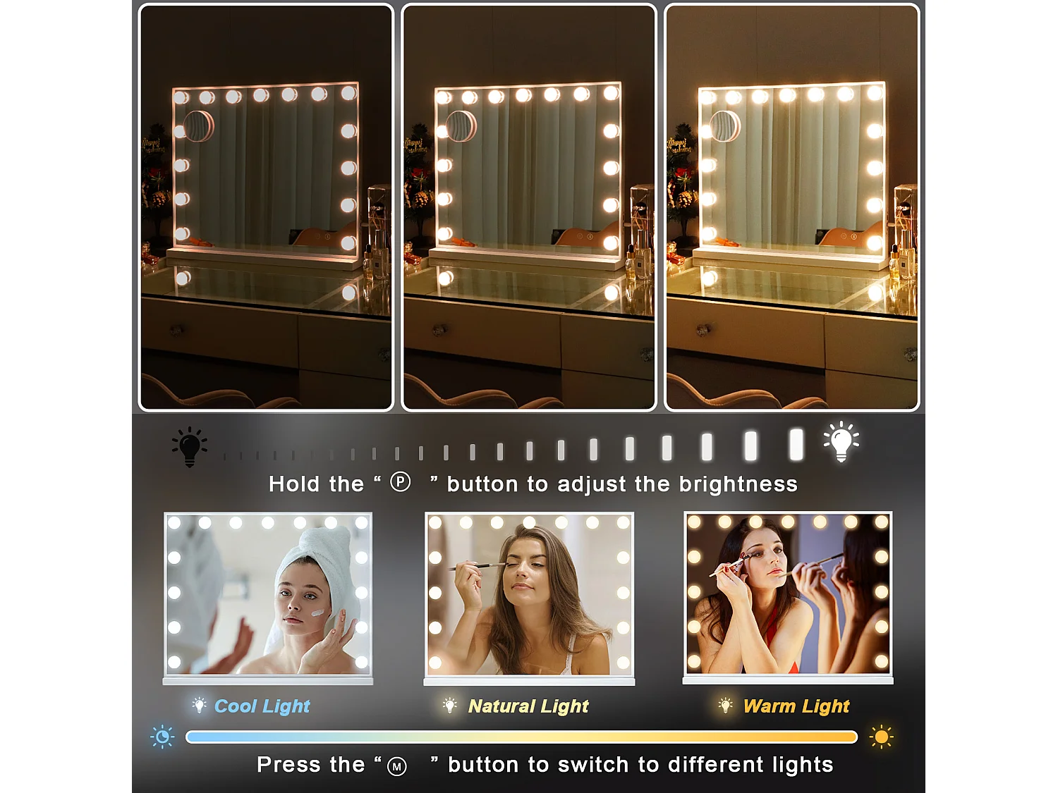 Miroir de maquillage hollywood coiffeuse mural avec lumière 58x46cm