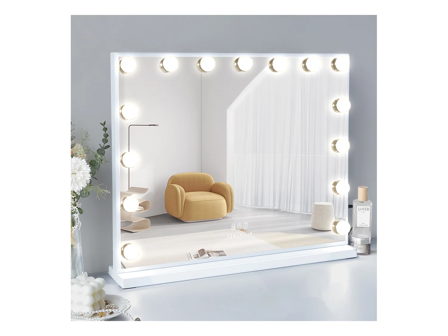 Espejo de maquillaje estilo Hollywood para tocador de pared con luz 58x46 cm