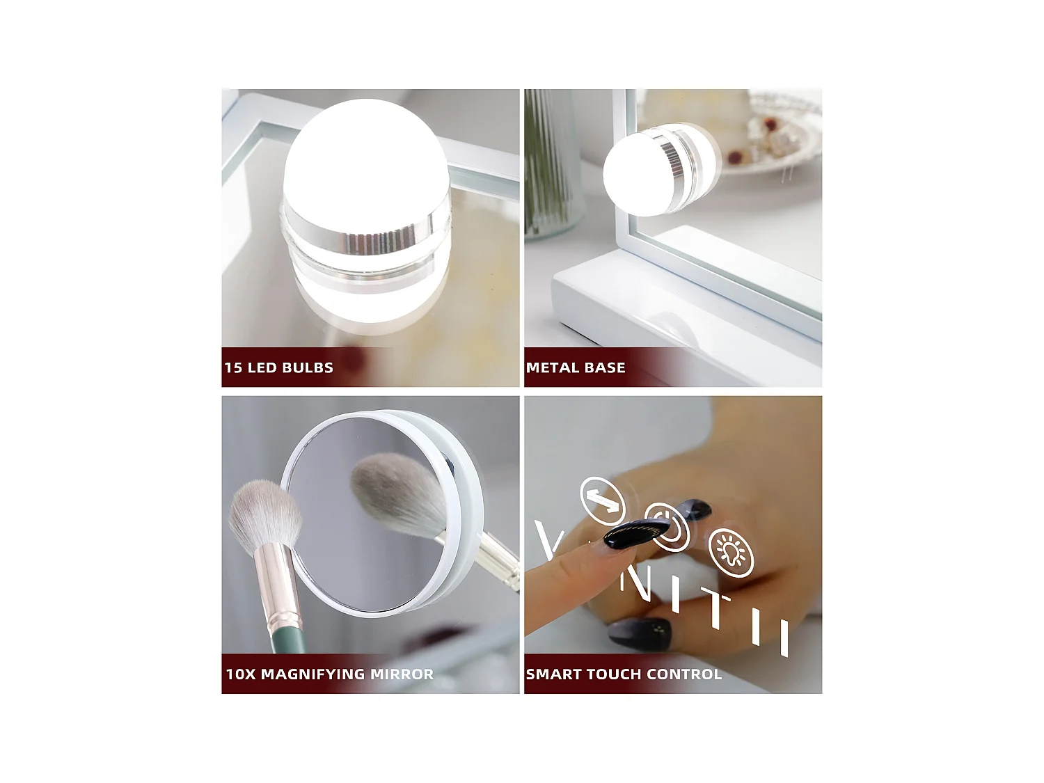 Espejo de maquillaje estilo Hollywood para tocador de pared con luz 58x46 cm