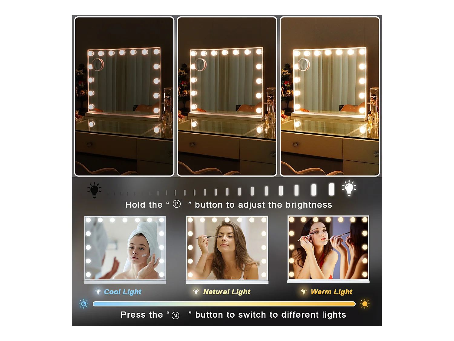 Espejo de maquillaje estilo Hollywood para tocador de pared con luz 58x46 cm