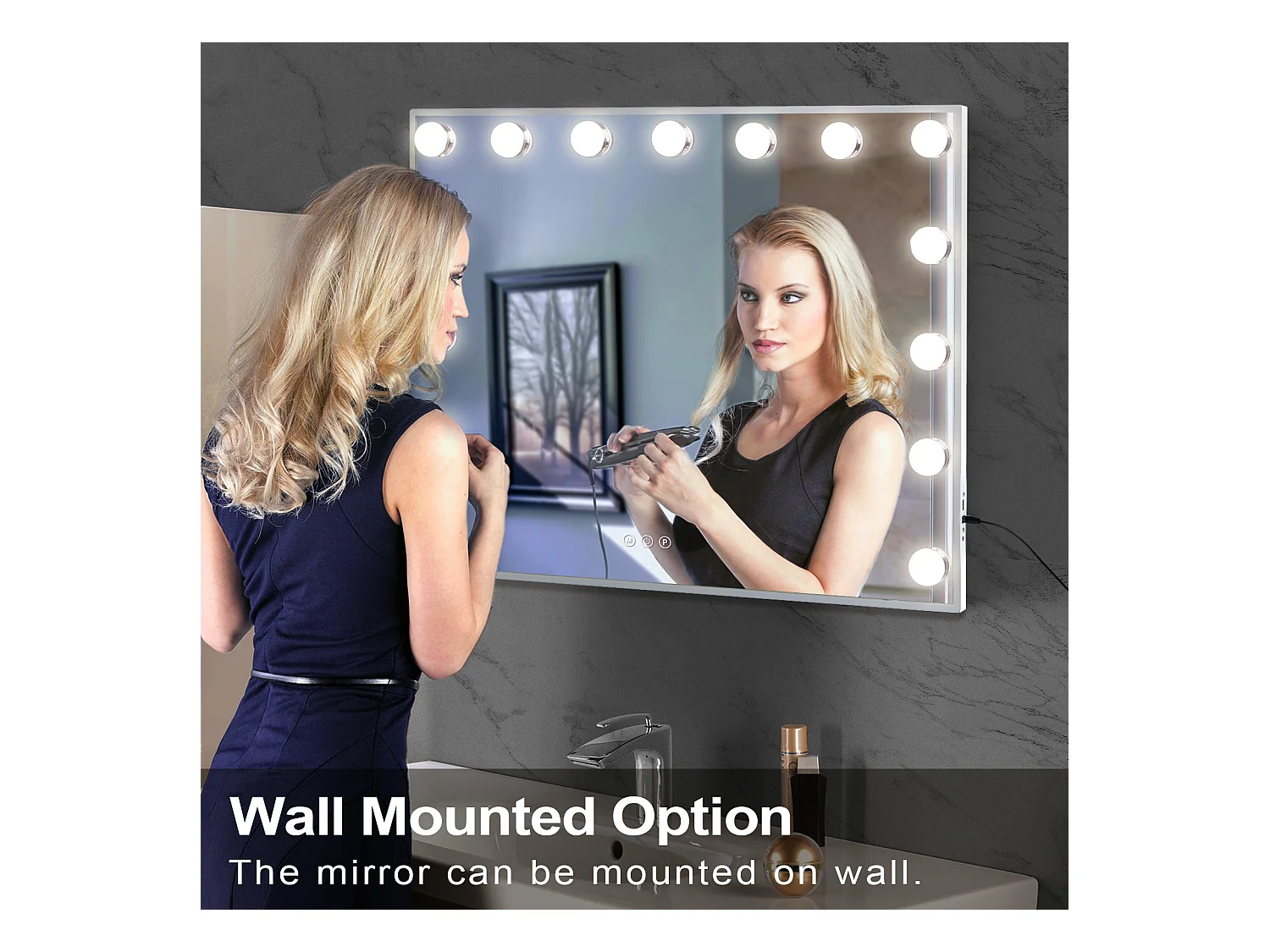 Espejo de maquillaje estilo Hollywood para tocador de pared con luz 58x46 cm