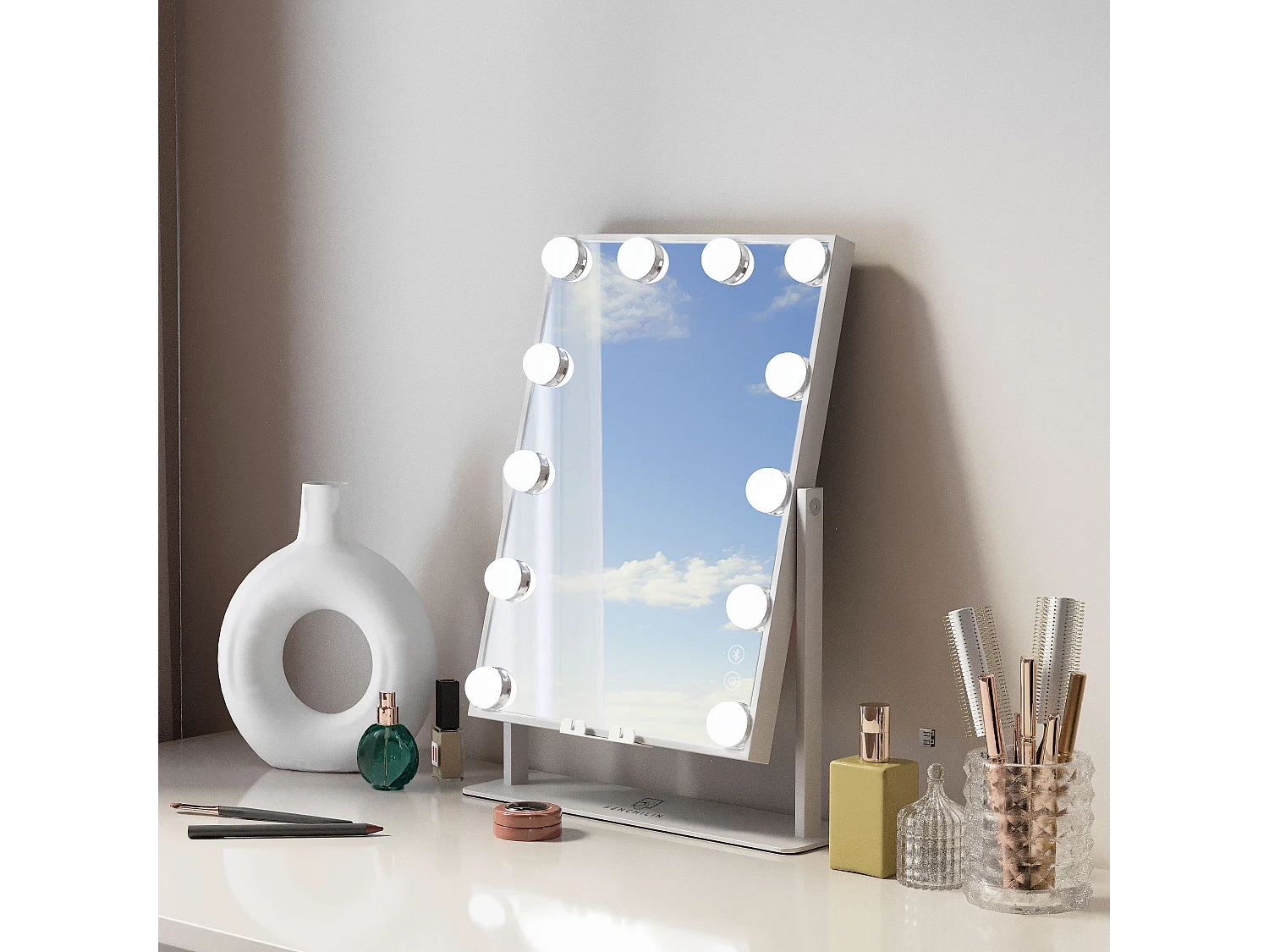 Miroir de maquillage hollywood coiffeuse mural avec lumière 30x41cm - Bluetooth - La recharge wireless pour phones
