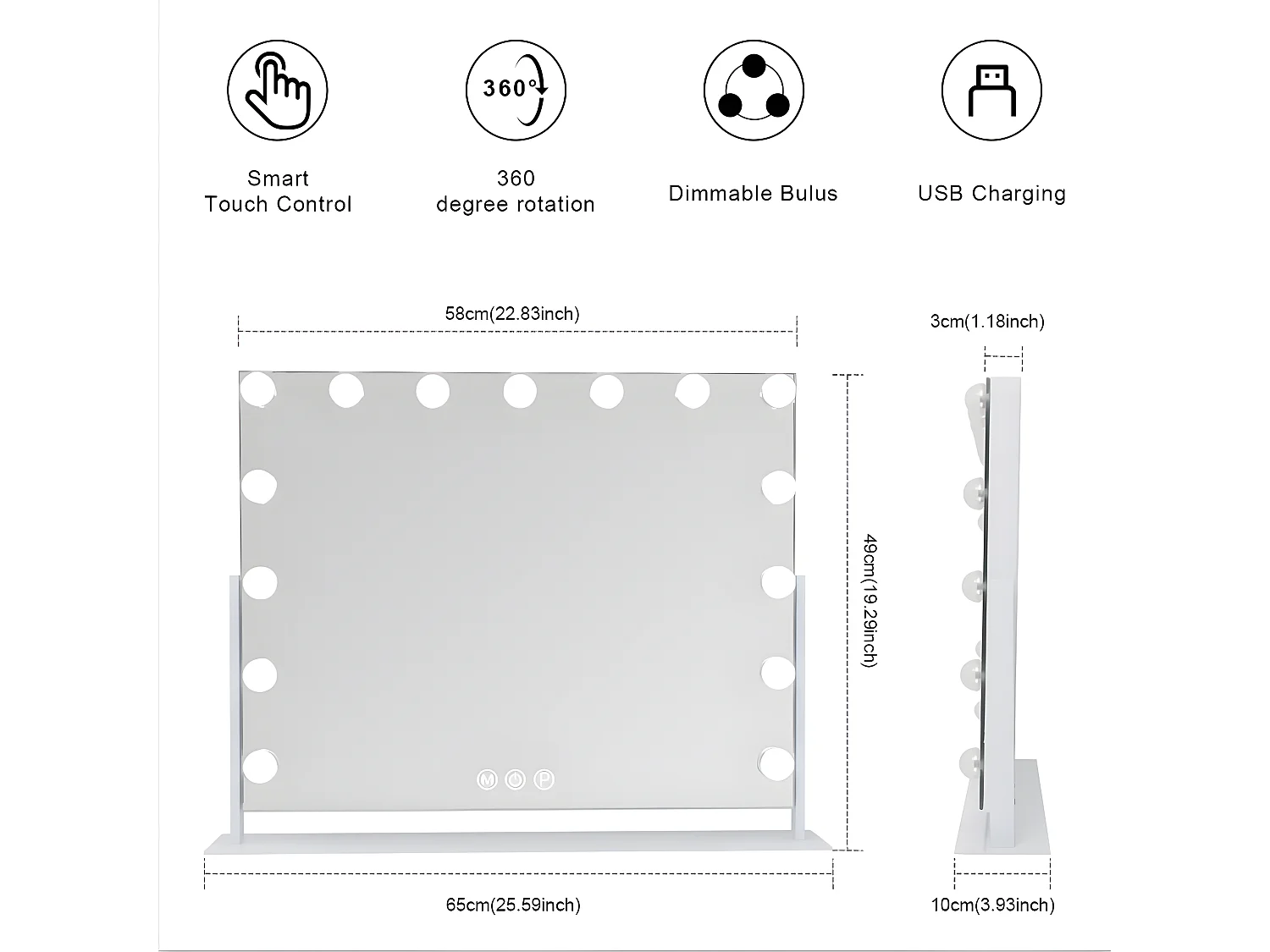 Miroir de maquillage hollywood coiffeuse mural avec lumière 58x46cm - Rotatif