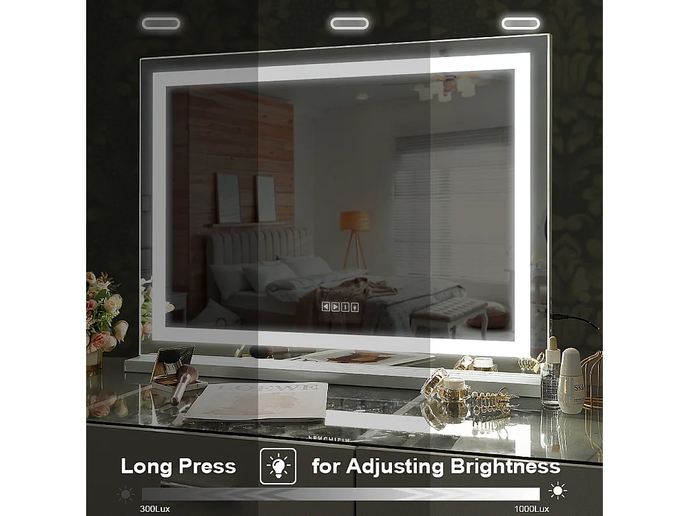 Hollywood make-up spiegel, muuraanplant met verlichting, maat 80x58cm - Bluetooth - LED strips in kristal